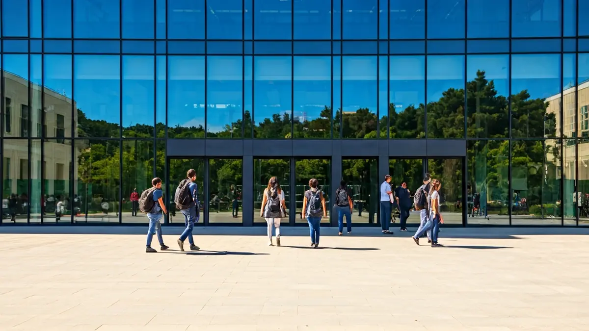 Imatge de la façana d'un edifici universitari modern amb grans finestres de vidre i estudiants caminant.