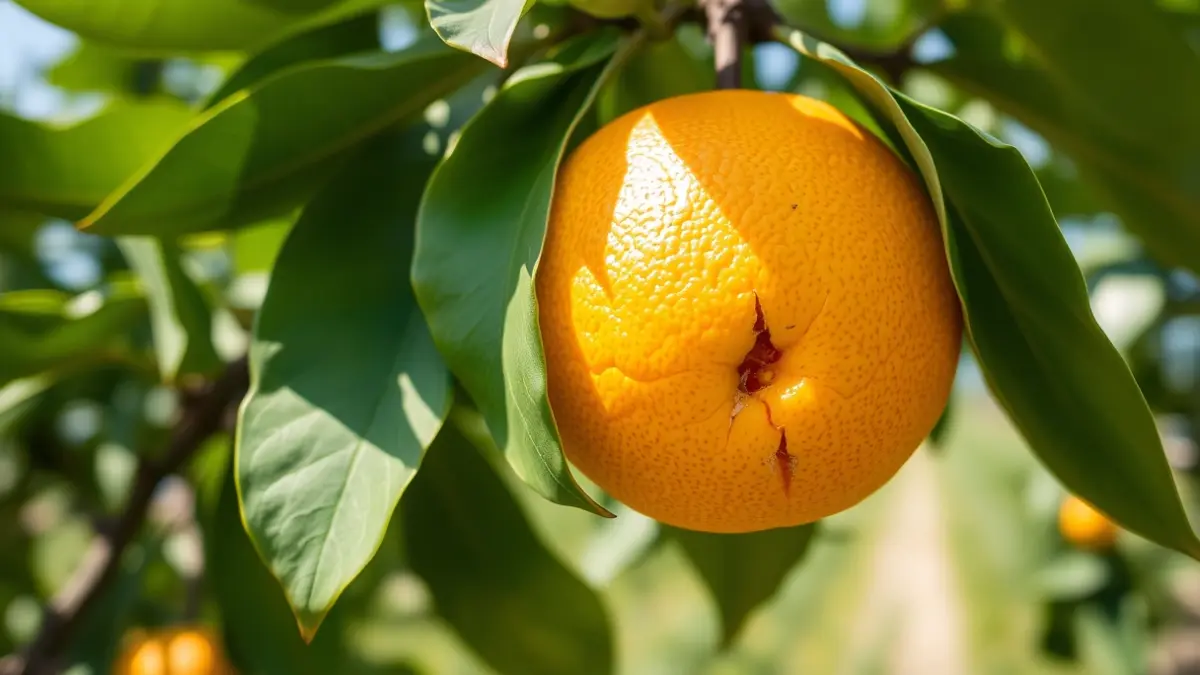 Image of an orange with a crack in its skin, on a tree, under the sun.