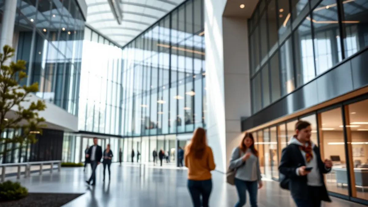 Imatge genèrica d'un edifici universitari modern, amb grans finestres de vidre i un ambient innovador, amb estudiants treballant en segon pla.