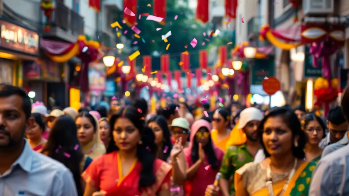 Image of an intercultural parade with people and confetti in the air, representing cultural diversity.