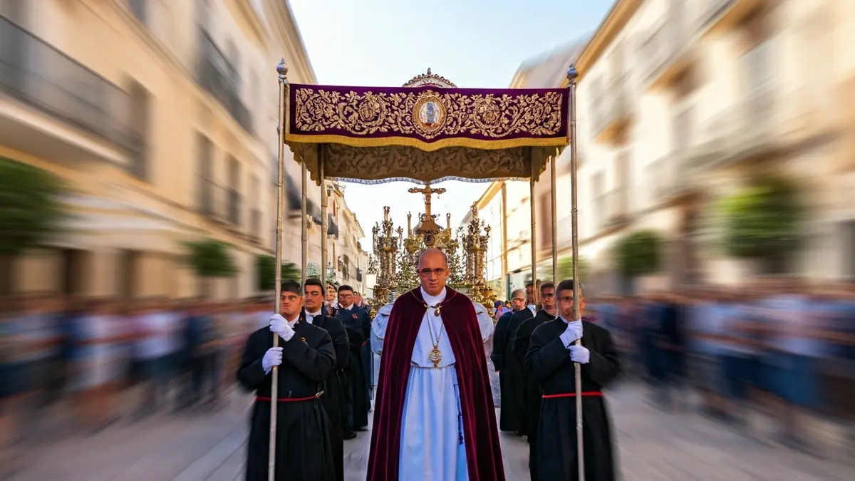Imagen de una procesión religiosa tradicional en un pueblo mediterráneo, con figuras borrosas y luz de mañana.