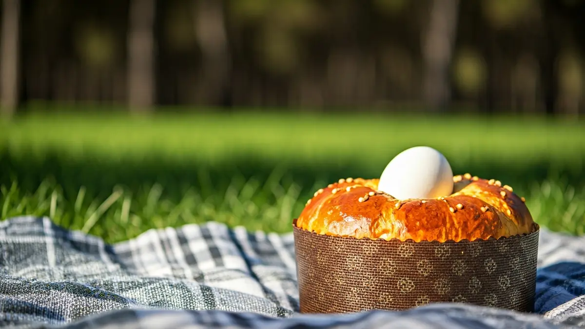 Imatge d'una mona de Pasqua amb un ou dur al centre, sobre una manta de pícnic en un entorn natural.