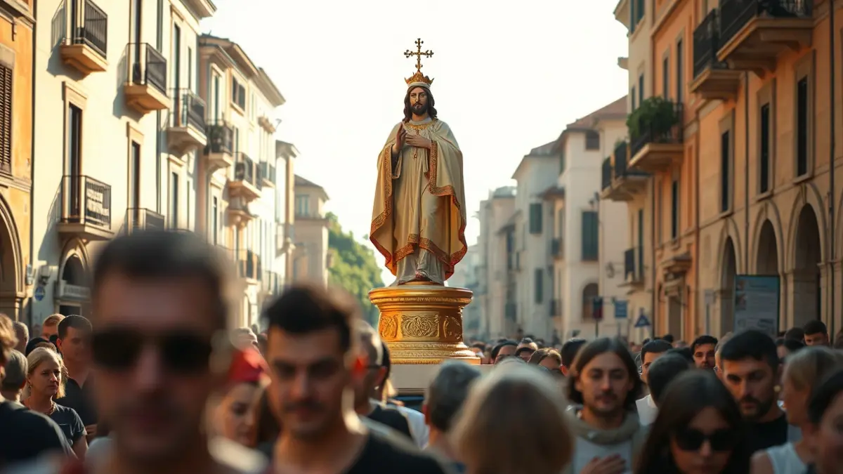 Imagen de una procesión religiosa en una calle de la ciudad, con una estatua grande llevada por figuras borrosas.