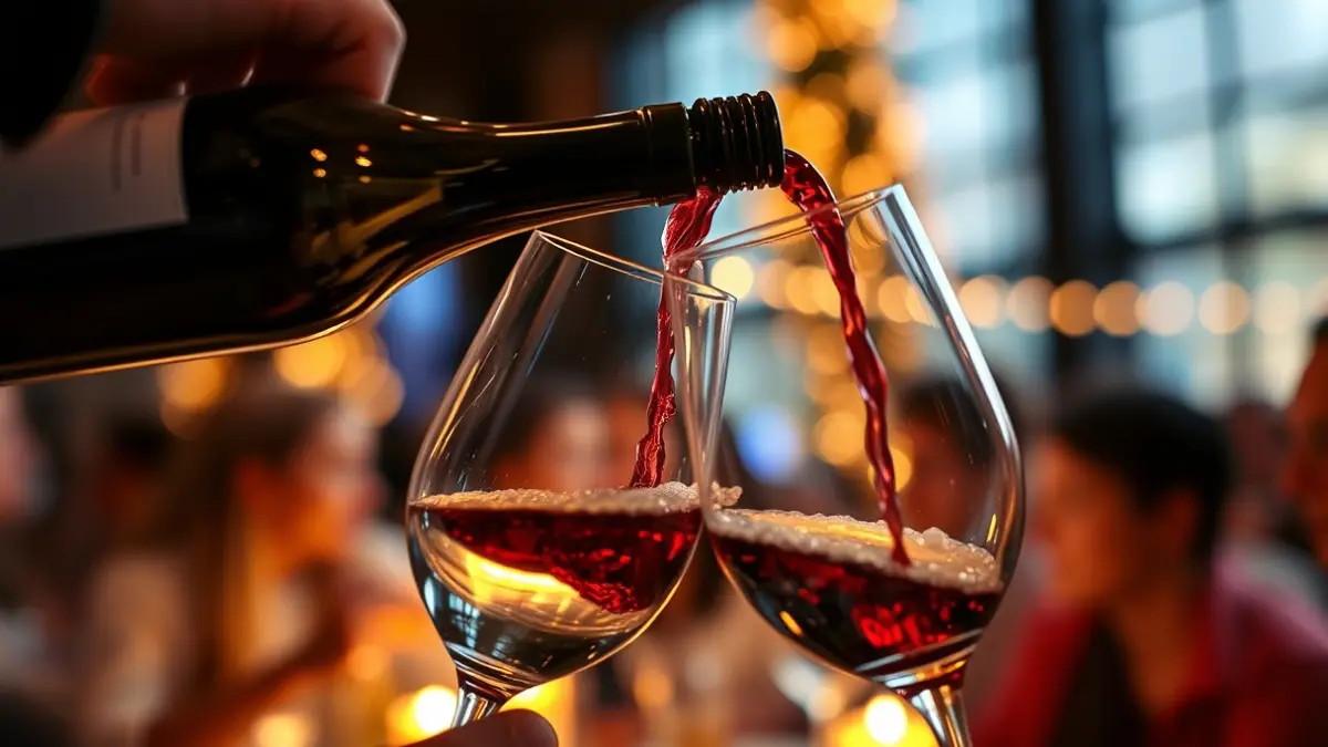 Generic image of wine glasses being filled in a festive atmosphere.