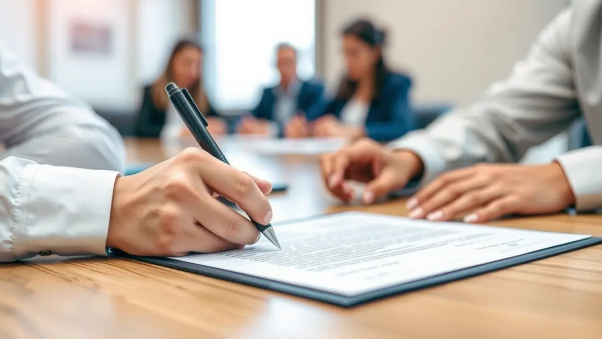 Imatge genèrica d'unes mans signant un document en una taula de fusta, amb figures borroses al fons.