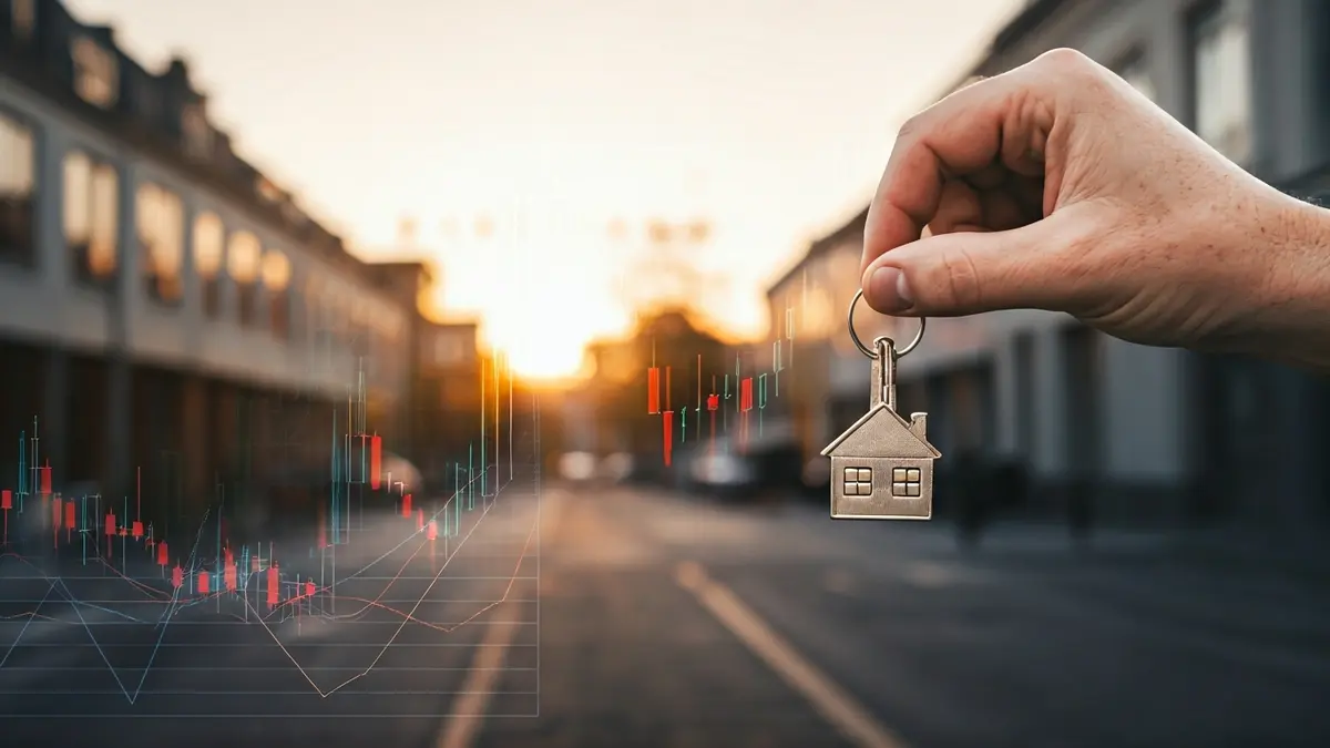 Generic image of a hand holding a house-shaped key, with buildings and a financial graph in the background.