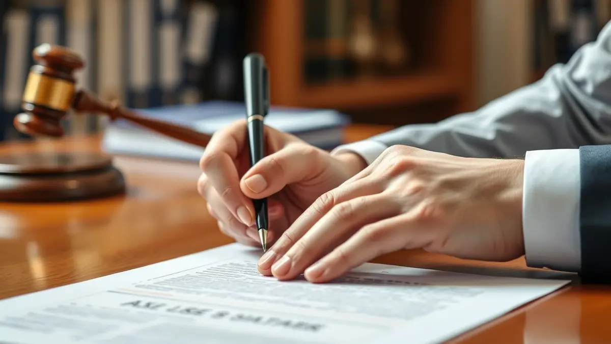 Imatge genèrica de mans signant un document en una taula de fusta, amb llibres de dret desenfocats al fons.