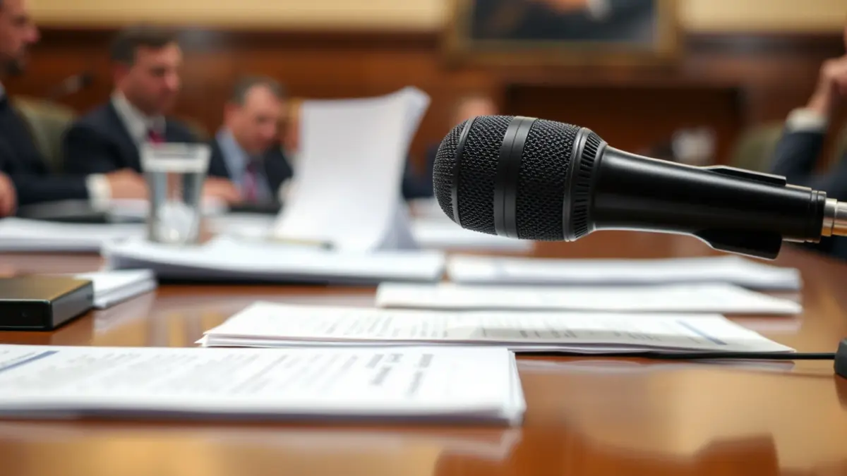 Generic image of a microphone on a podium, with blurred documents on a table, suggesting a political meeting.