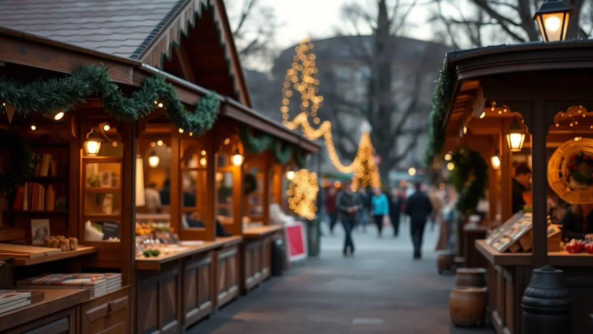 Imatge genèrica de casetes de fusta en un mercat de Nadal, amb decoració festiva i llums càlides.