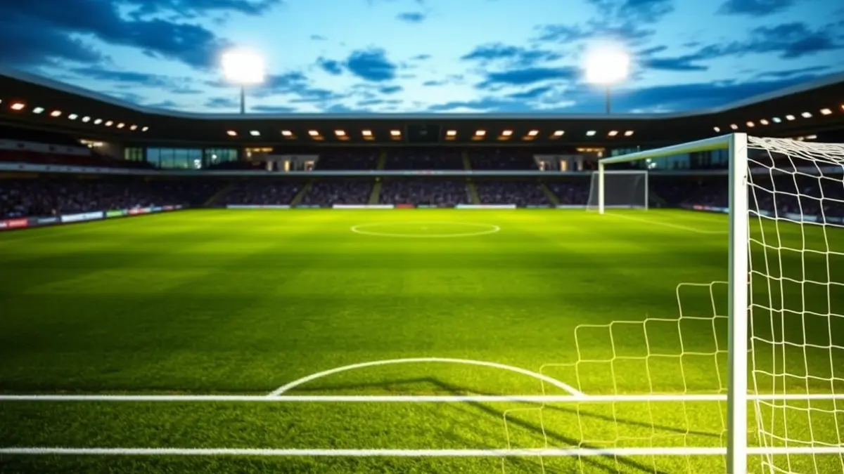 Generic image of a soccer stadium at dusk, with floodlights illuminating the empty pitch.