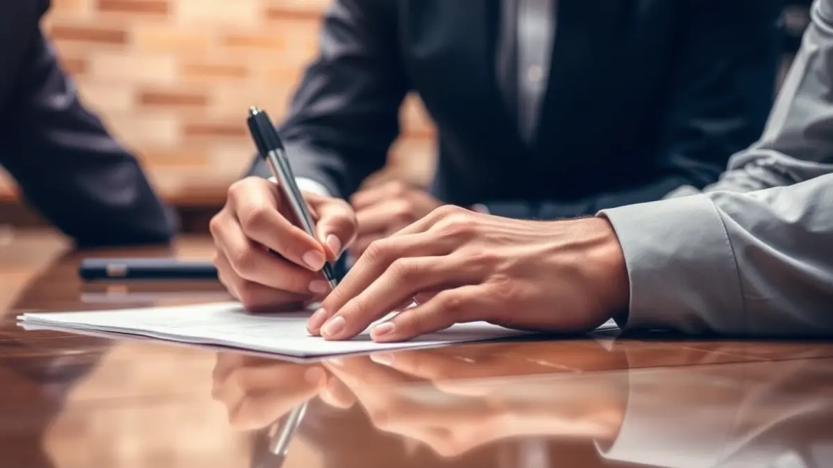 Imatge d'unes mans signant un document en una taula de conferències, amb taulells ceràmics desenfocats al fons.