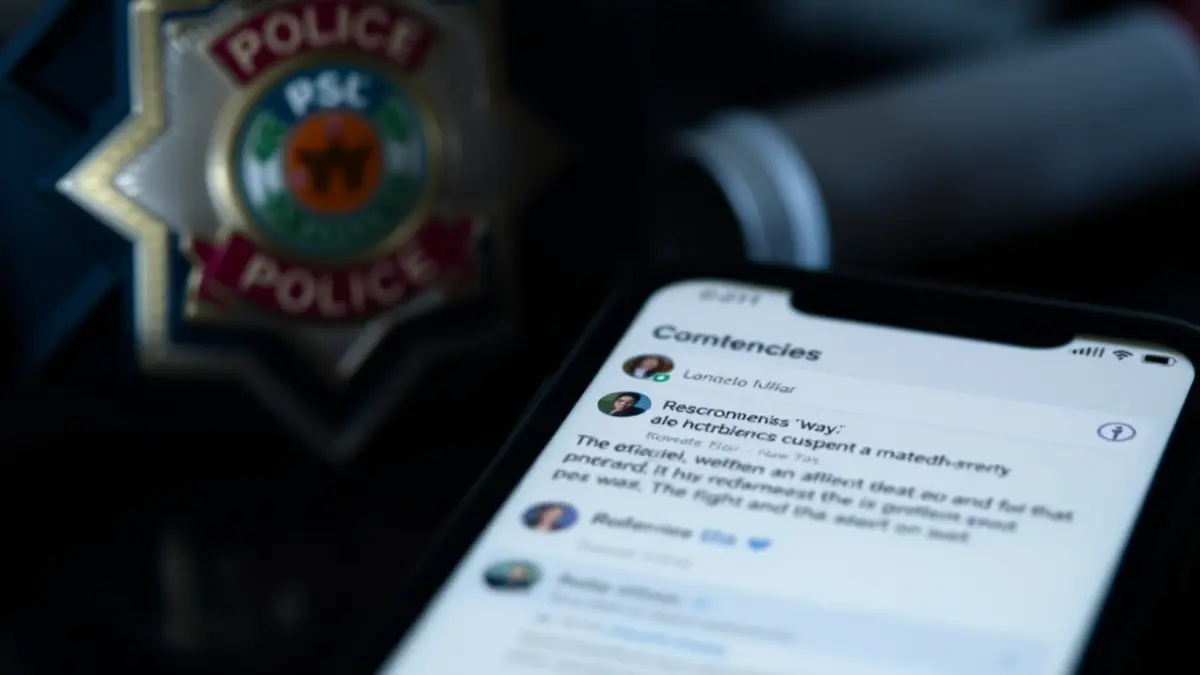 Generic image of a mobile screen with social media comments and a police emblem in the background.