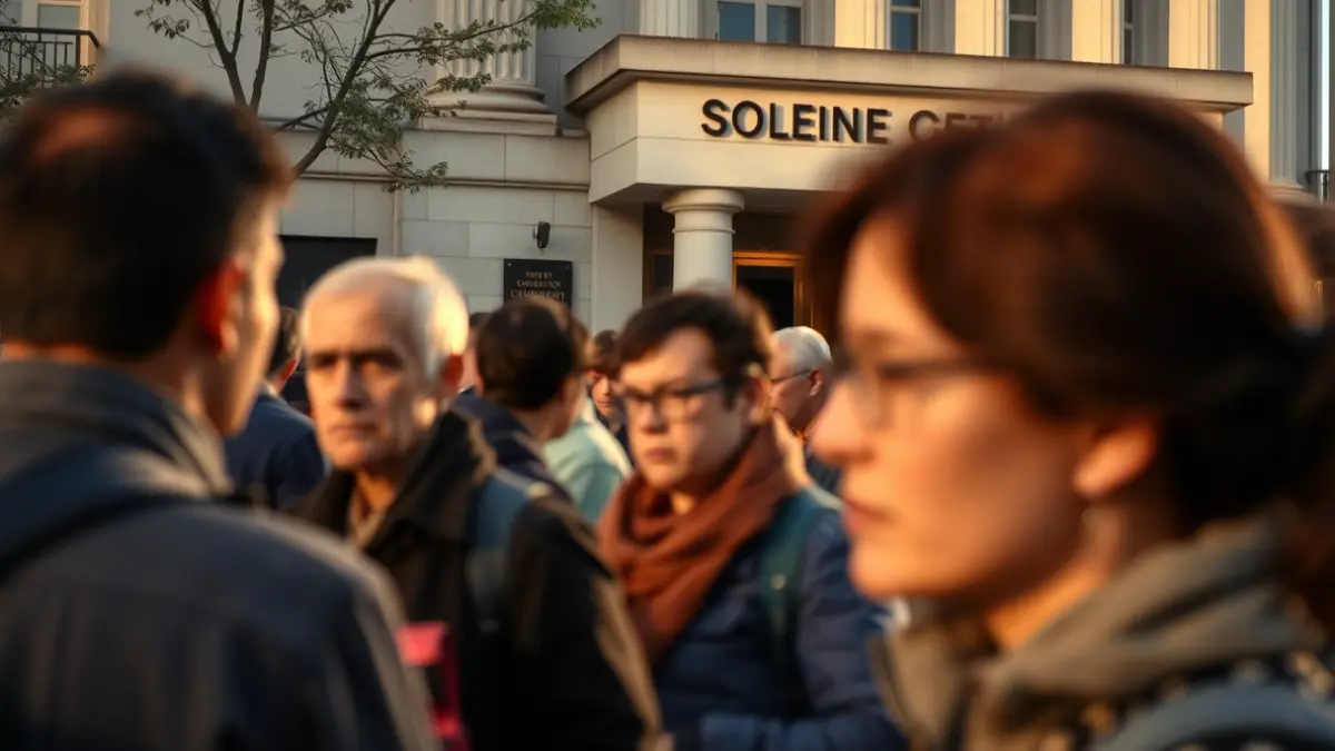 Imagen de una cola de personas esperando fuera de un edificio gubernamental, con un ambiente de frustración.