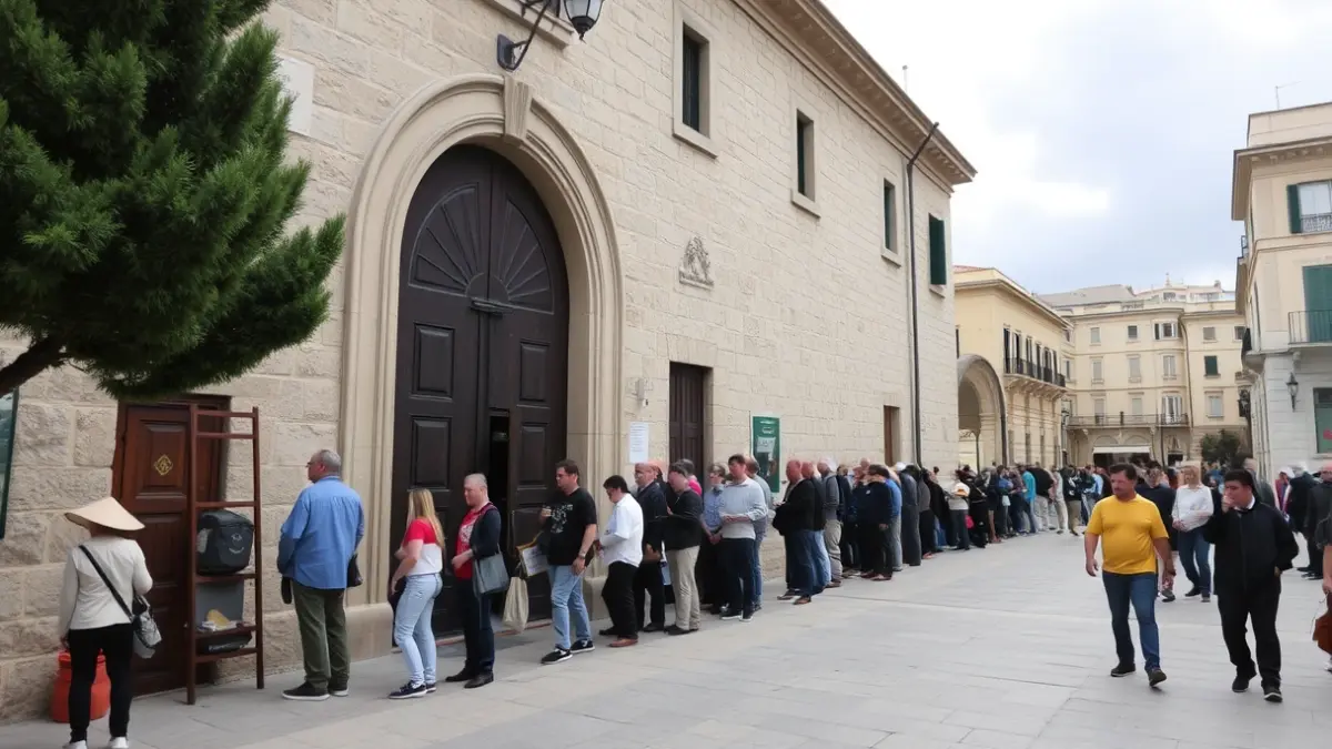 Imagen de una larga cola de personas esperando frente a un edificio administrativo en una ciudad mediterránea.
