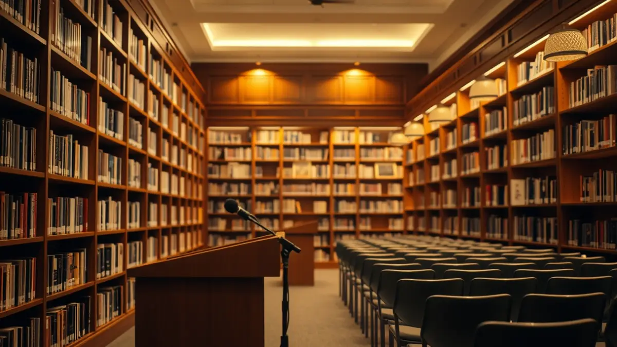 Imagen genérica de una biblioteca con estanterías de madera y un atril con micrófono, con una atmósfera cálida de lectura.