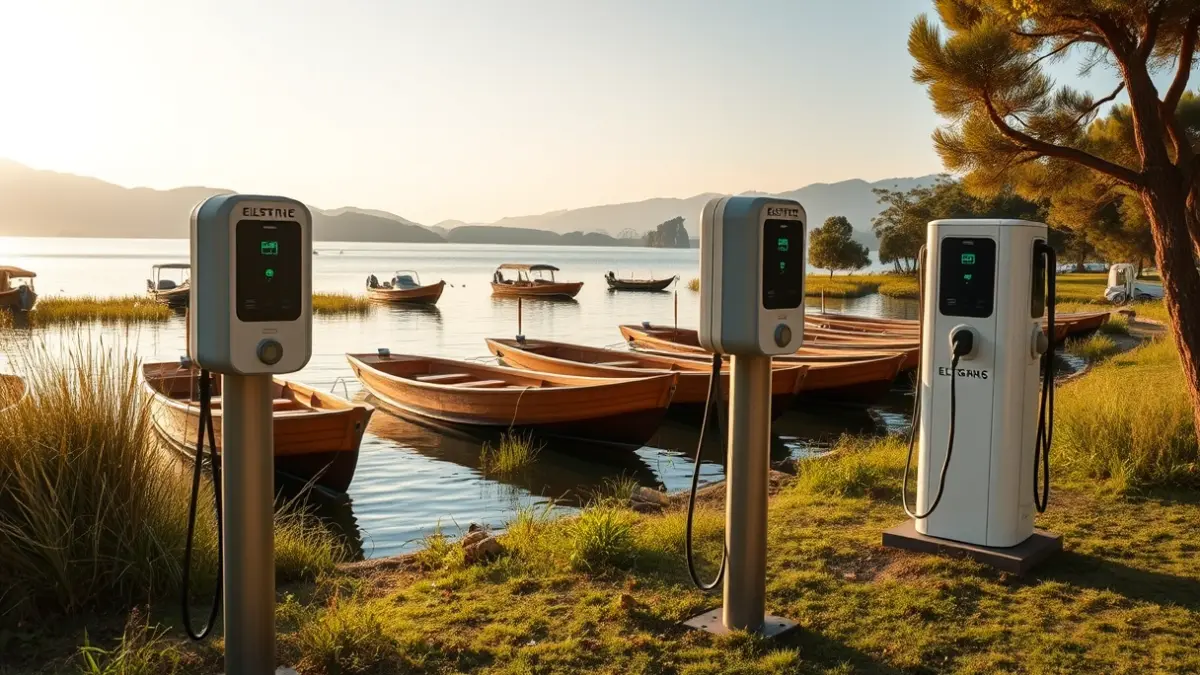 Electric charging stations for boats in a natural park setting, with traditional boats on the lake.
