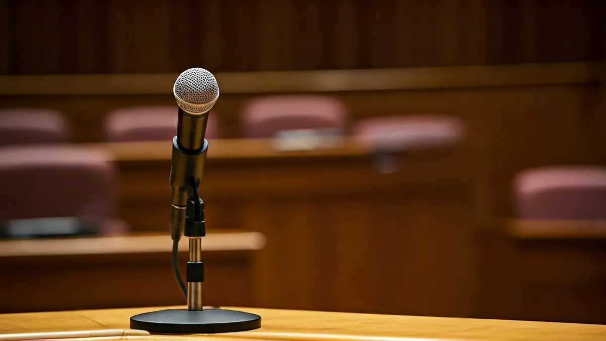 Generic image of a microphone on a podium in a municipal plenary hall.