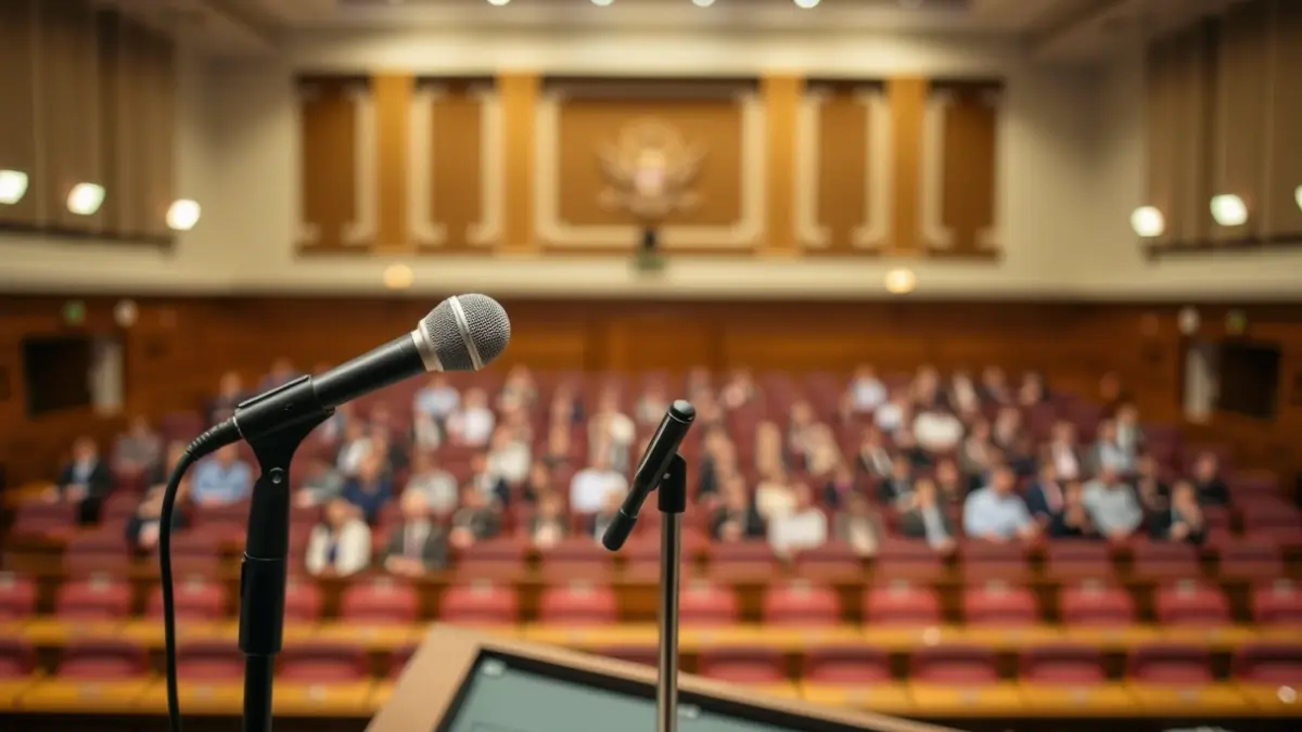 Imatge genèrica d'un micròfon en un faristol en una sala de plens municipal.
