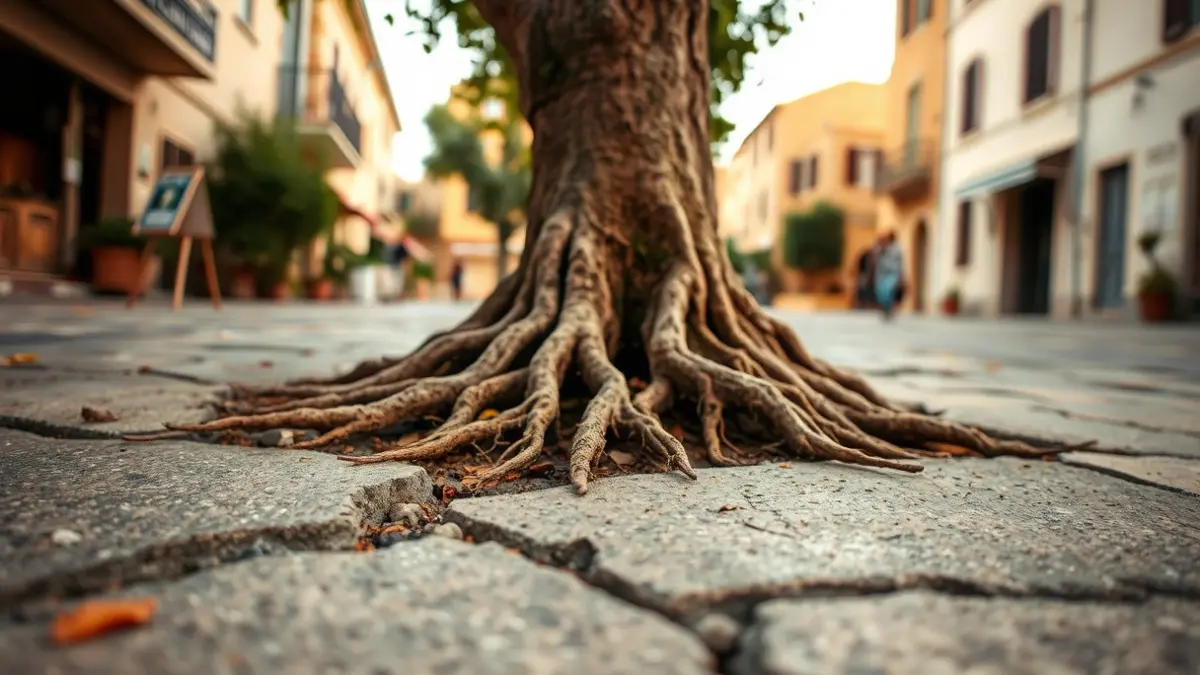 Image of a sidewalk damaged by tree roots in a Mediterranean town.