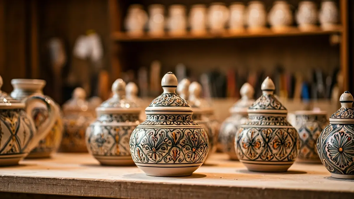 Generic image of traditional ceramic pottery with intricate designs in a workshop.