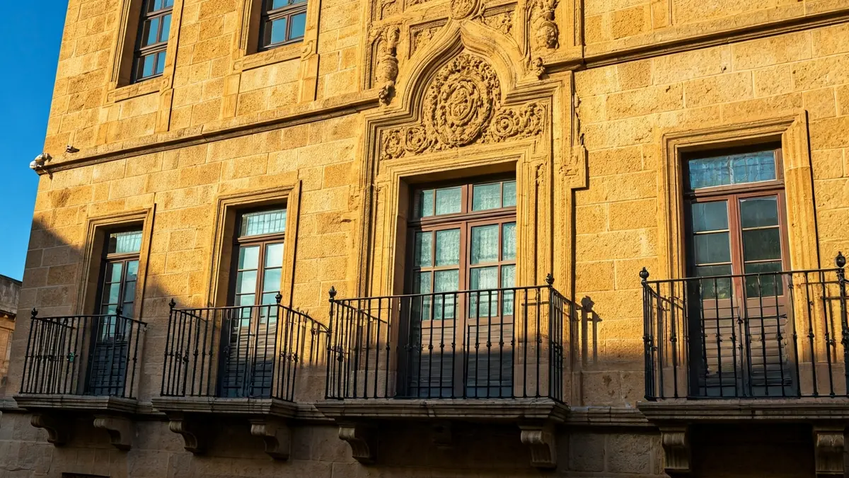 Fachada del ayuntamiento de L'Alcora con balcón y barandillas de hierro, bañada por la luz del sol de la tarde.