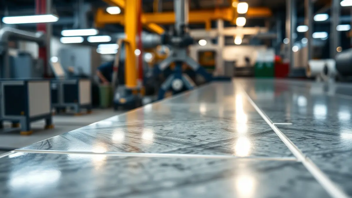 Generic image of a modern ceramic tile, with blurred industrial machinery in the background, symbolizing innovation in the ceramic sector.