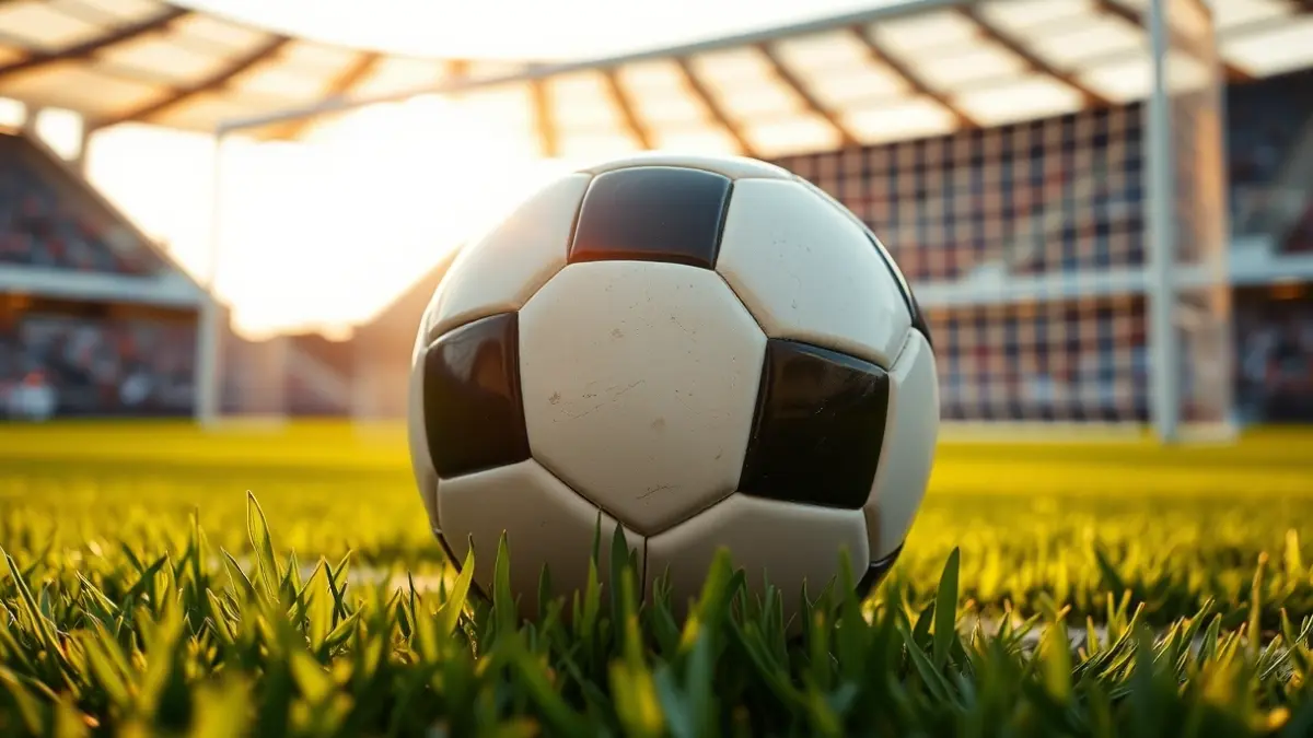 Generic image of a soccer ball on a green field, with a blurred goal in the background.