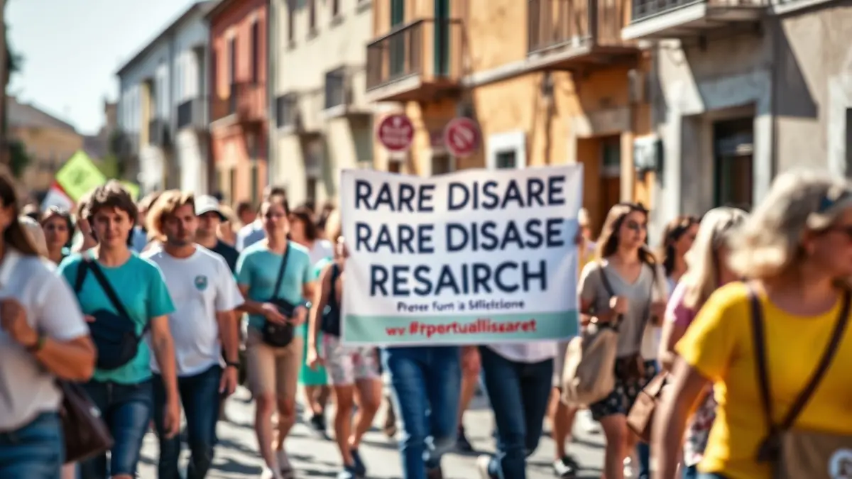 Generic image of a solidarity march for rare disease research in a Mediterranean town.