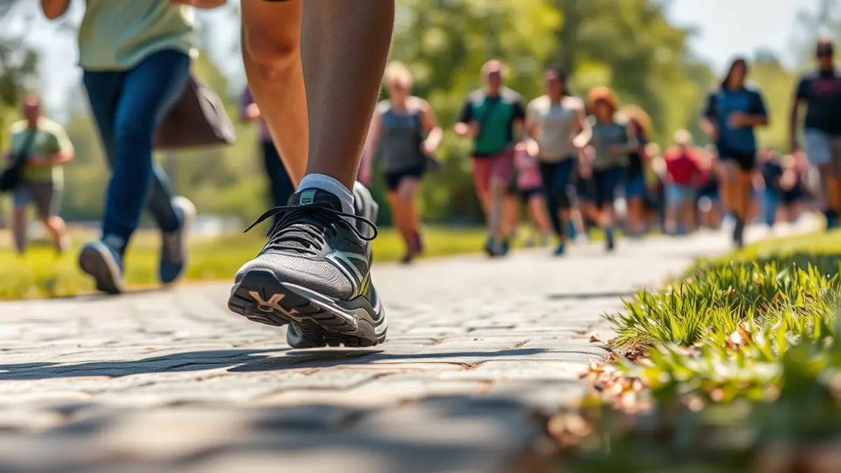 Imagen genérica de unas zapatillas de correr en un camino, con personas caminando al fondo, sugiriendo una marcha solidaria.