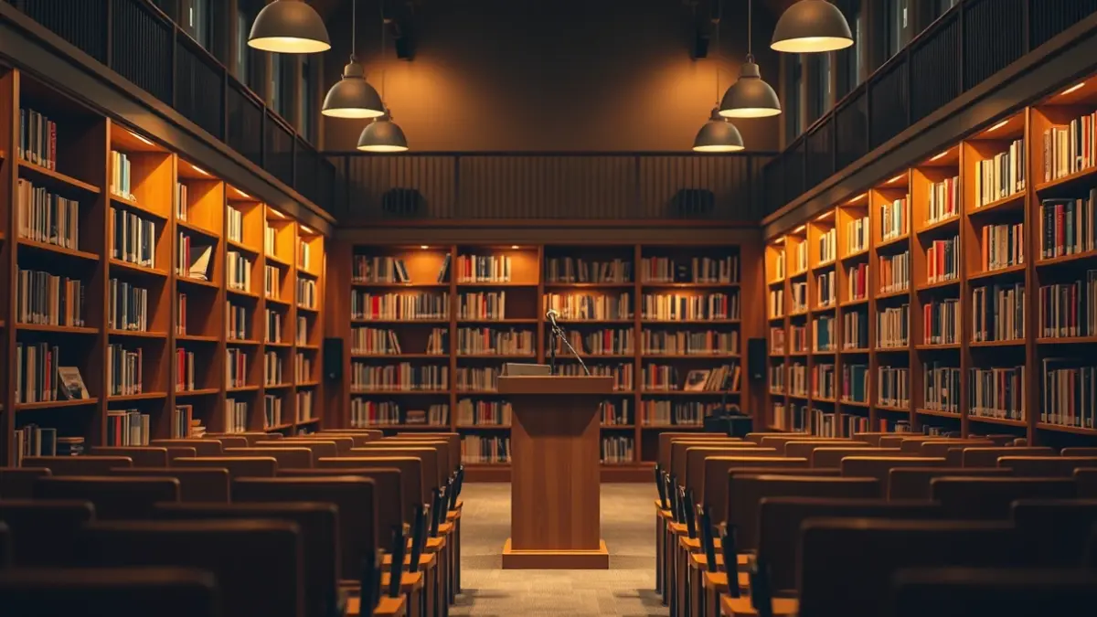 Imagen genérica de una biblioteca con estanterías de madera y un atril con micrófono, con una iluminación cálida.