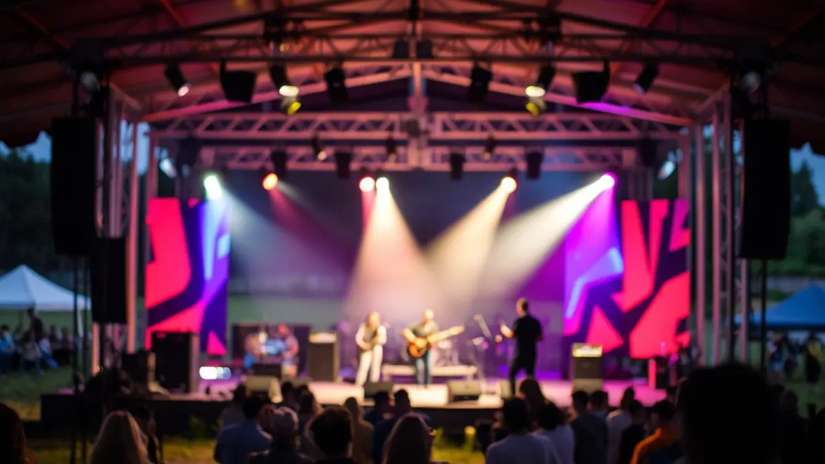 Imagen de un escenario vibrante en un entorno rural, con iluminación abstracta y público difuminado, sugiriendo un festival de artes escénicas contemporáneas.