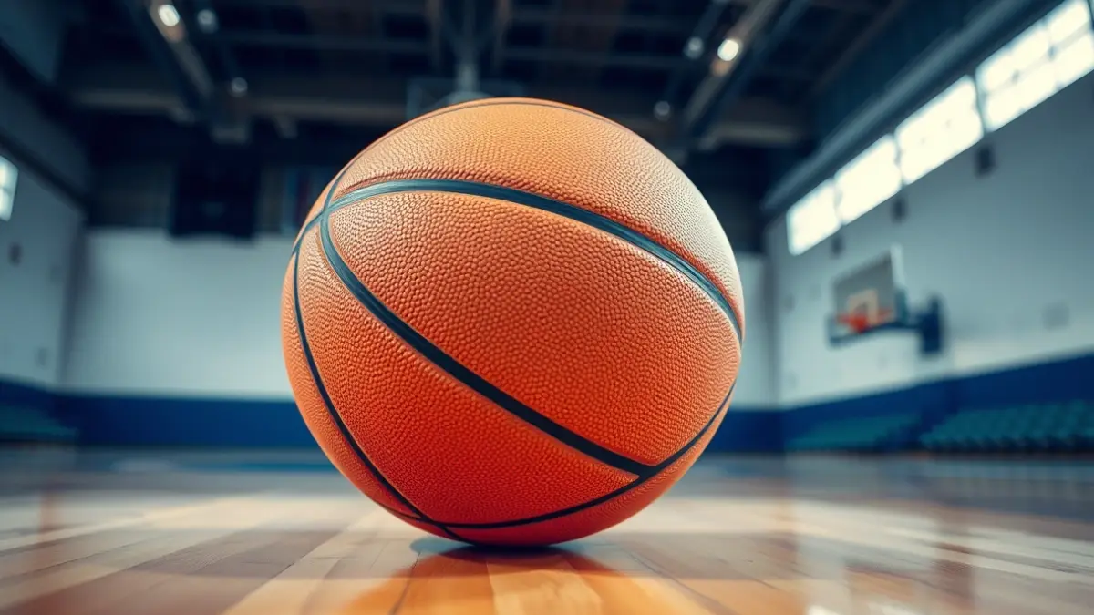 Generic image of a basketball on a court, with a blurred hoop in the background.