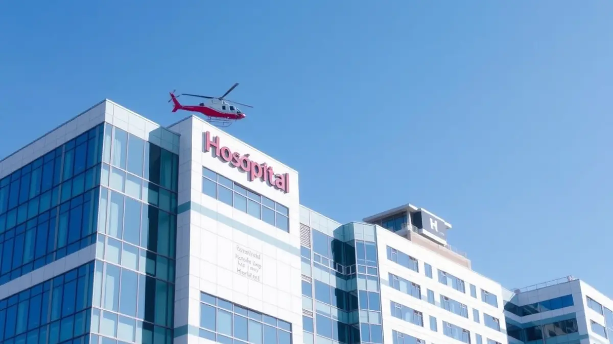 Imatge de la façana d'un hospital modern amb elements de nova construcció i un heliport en el sostre.