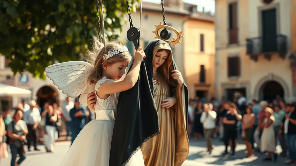 Imagen de una niña vestida de ángel en la plaza Mayor de Alfarrasí, durante la celebración del Angelet de la Corda.