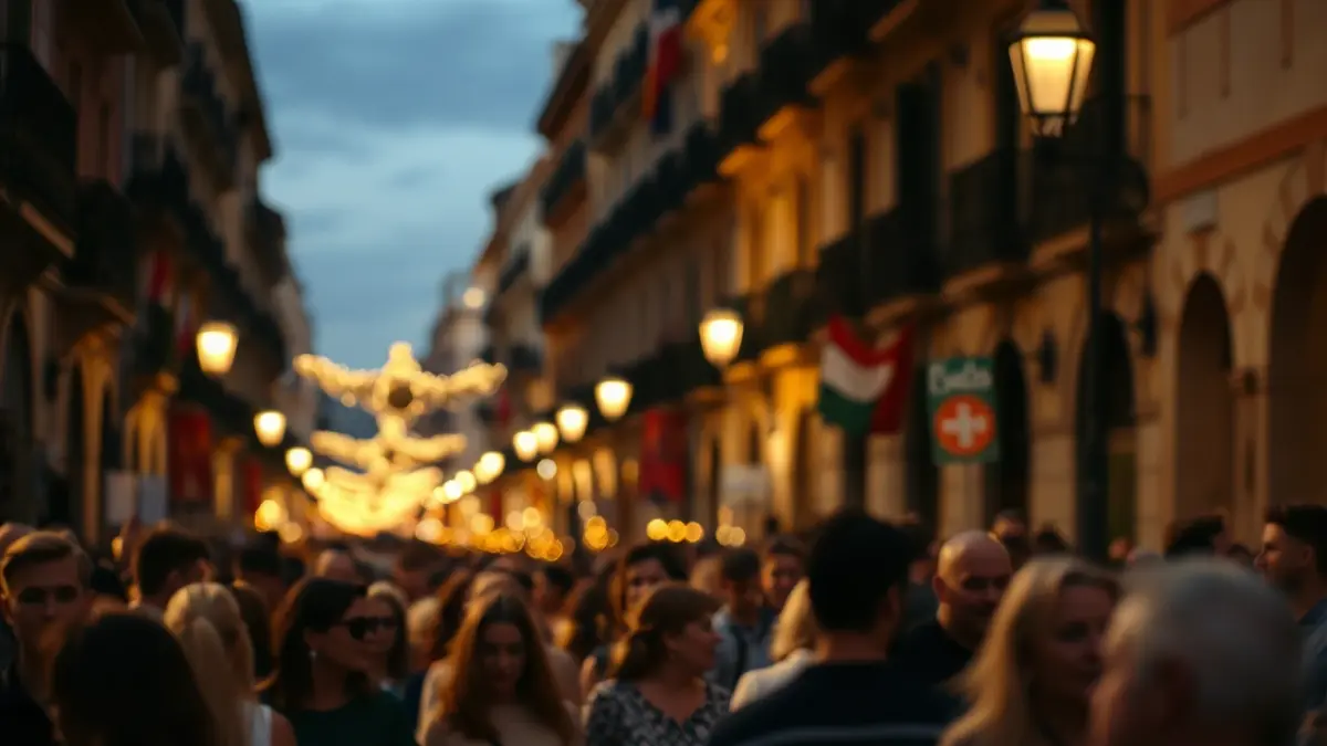 Generic image of a festive procession in a Valencian street, with blurred crowd and warm lights.