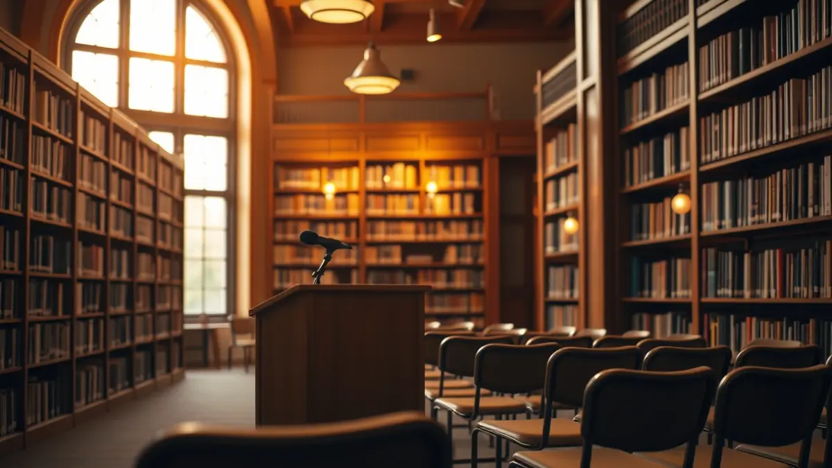 Imagen genérica de un interior de biblioteca con estanterías de madera y un atril con micrófono.