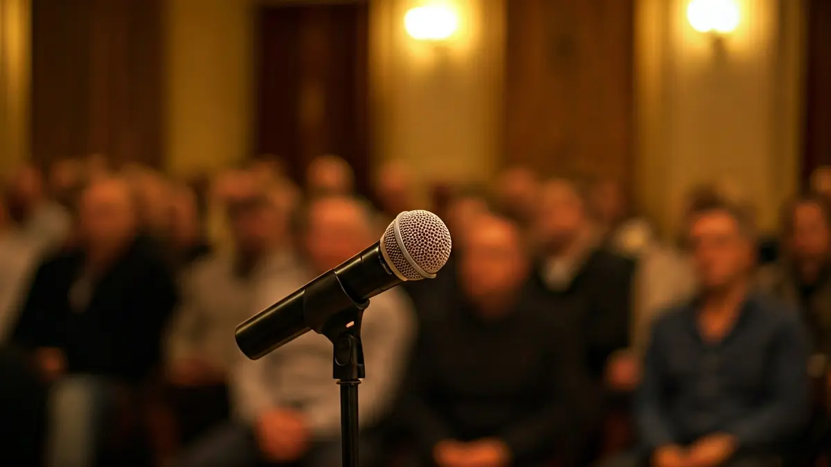 Generic image of a microphone on a podium, with a blurred audience in the background, suggesting a poetry reading.