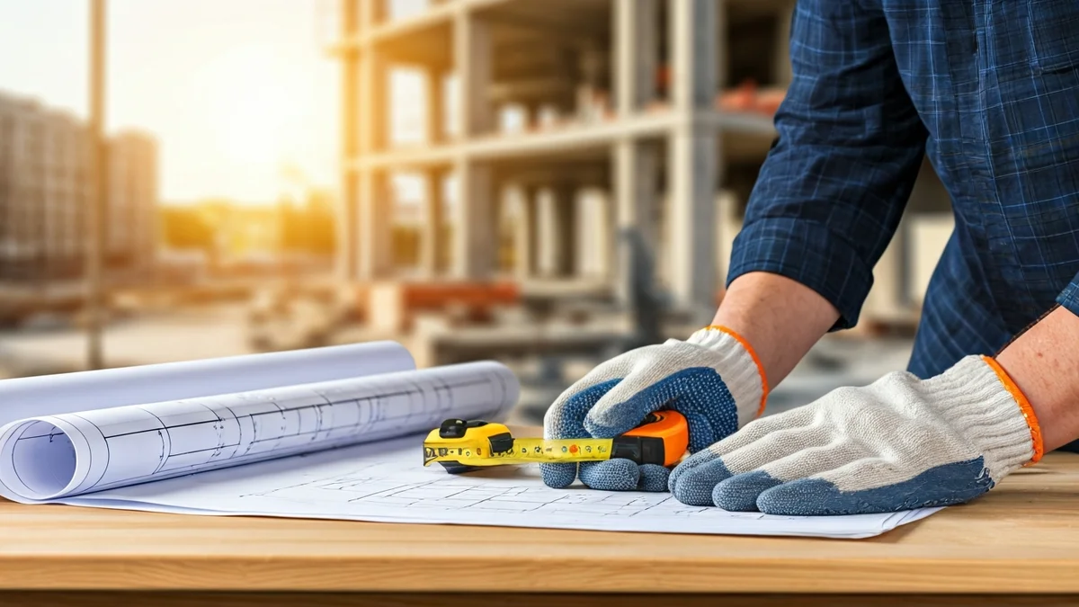 Generic image of a construction worker's hands with a measuring tape over a blueprint.