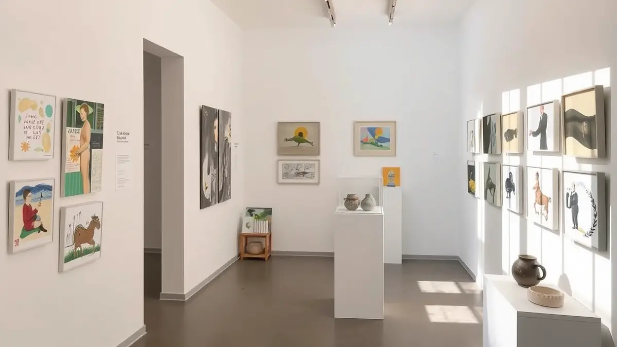 Imatge d'una sala d'exposicions amb obres d'art variades, incloent collages, aquarel·les i ceràmica, il·luminada amb llum natural.