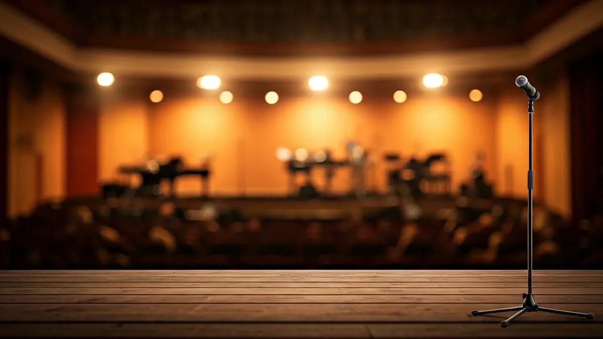 Imagen genérica de un escenario con iluminación teatral e instrumentos musicales.