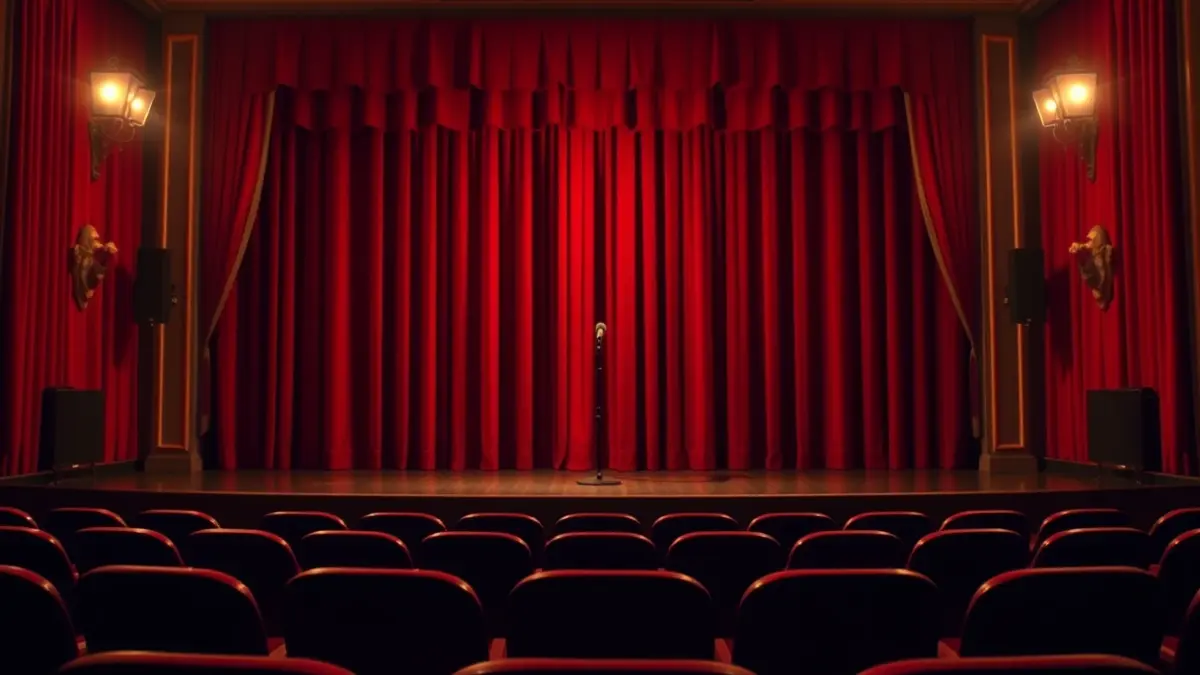 Generic image of a theater stage with a microphone and red curtains.
