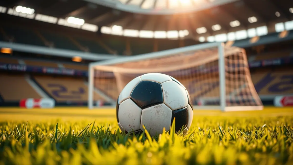 Generic image of a soccer ball on a green field, with a blurred goal net in the background.