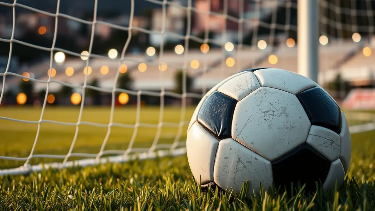 Generic image of a soccer ball on a grass field, with a blurred goal net in the background.