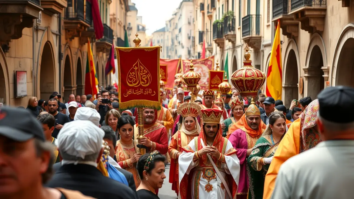 Imatge de la desfilada mora en les Festes de Moros i Cristians d'Alcoi, amb vestits elaborats i una atmosfera festiva.