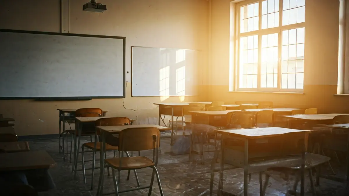 Imatge d'una aula buida amb pupitres i cadires, amb una finestra que mostra un cel assolellat, suggerint la falta de climatització.