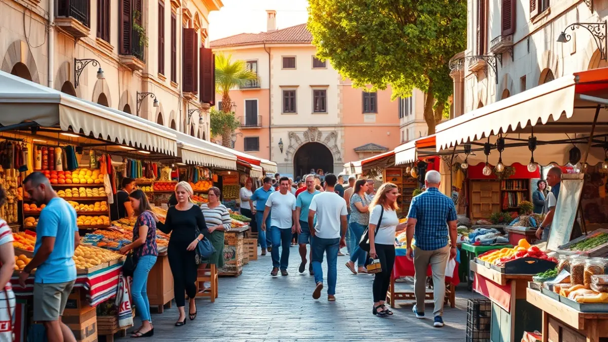 Imatge genèrica d'una fira de comerç local en una plaça, amb paradetes i gent comprant.