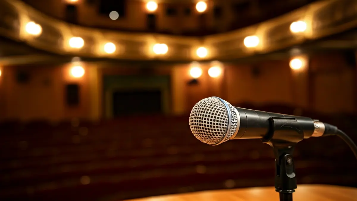 Generic image of a microphone on a podium in a theater, with blurred empty seats.