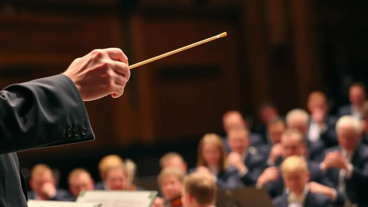 Imatge genèrica d'un director d'orquestra dirigint, amb les mans en primer pla i l'orquestra desenfocada al fons.