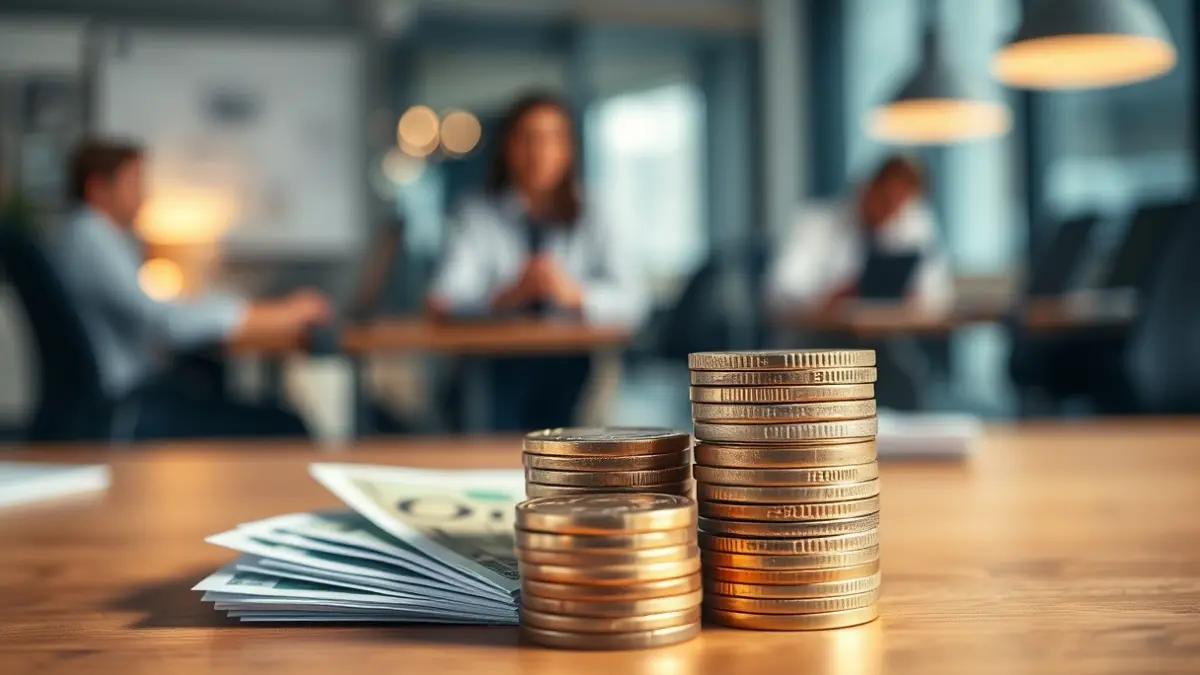 Imagen genérica de monedas y billetes de euro sobre una mesa, con trabajadores desenfocados al fondo, simbolizando el impacto económico.