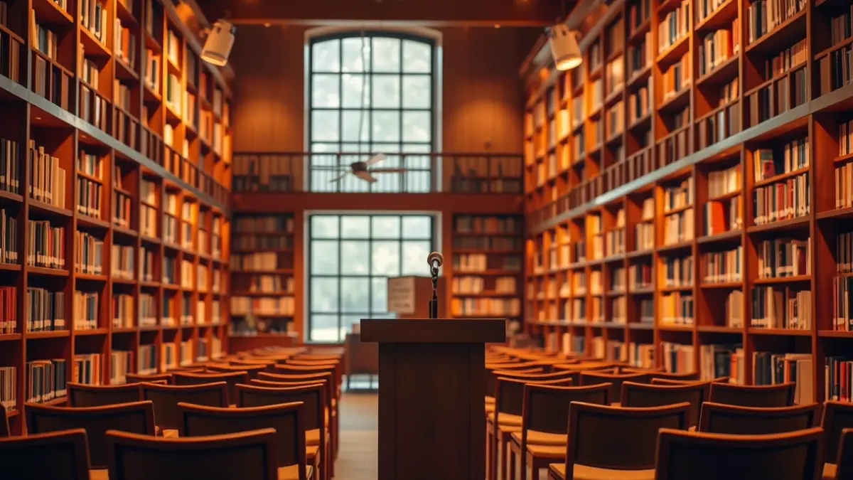 Imagen genérica de una biblioteca con estanterías de madera y un atril, con una atmósfera cálida de lectura.